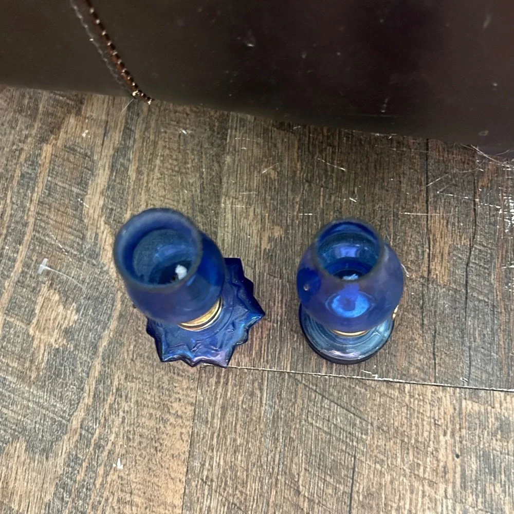 Vintage Cobalt Blue Glass Miniature Oil Lamps Set of 2 Tiny Decor